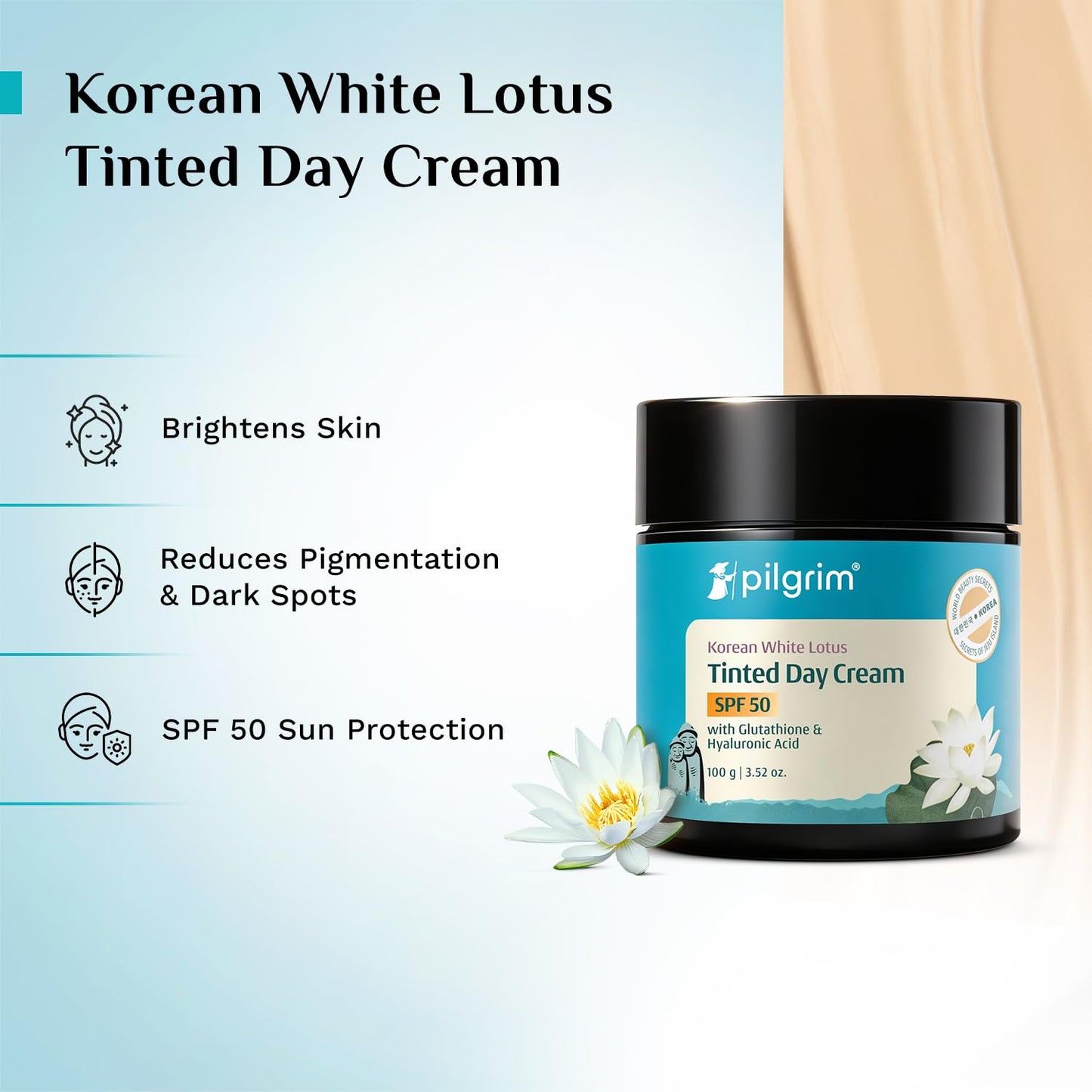 PILGRIM Korean White Lotus Face Cream with SPF 50 | White Lotus Day cream for women daily use | Face cream for dry skin, sensitive skin & oily skin | For Women and Men | 100g