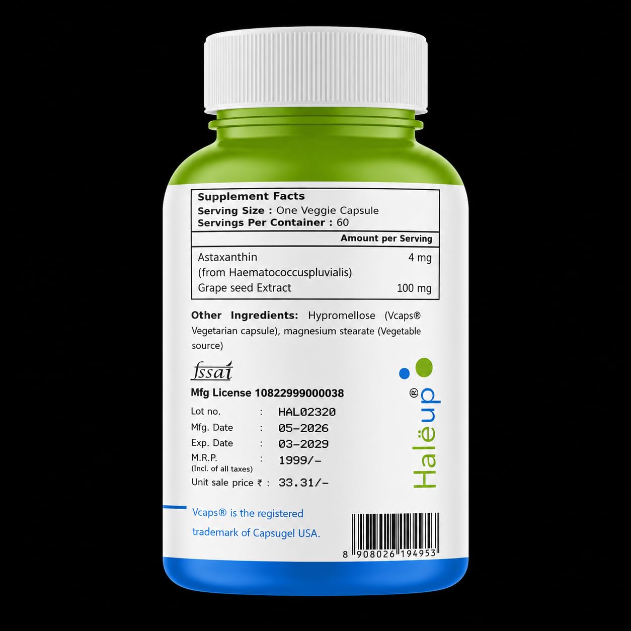 Haleup Plant Based Astaxanthin 4 mg with Grape Seed Supplement I 60 Veg Capsules I Supports Eye, Joint & Skin Health I Boosts Immune System