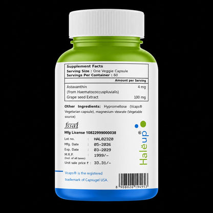 Haleup Plant Based Astaxanthin 4 mg with Grape Seed Supplement I 60 Veg Capsules I Supports Eye, Joint & Skin Health I Boosts Immune System