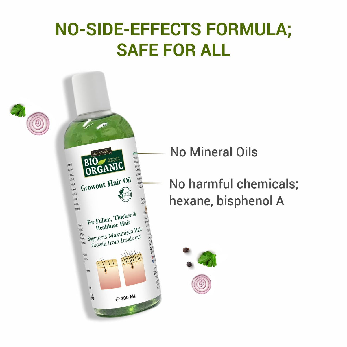 Bio Organic hair oil bottle with text highlighting no-side effects formula on a white background