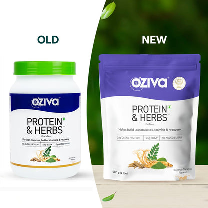 OZiva Protein & Herbs for Men (Banana Caramel) I Muscle Building, Stamina & Recovery | Clean Protein, Shatavari, Green Tea I No Added Sugar, 2lbs (907gm)