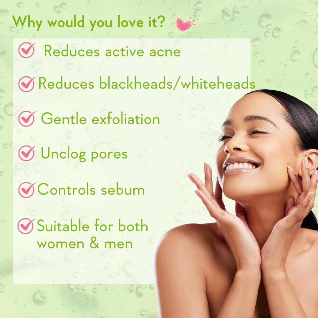 Woman with clear skin on a green background with text about skincare benefits