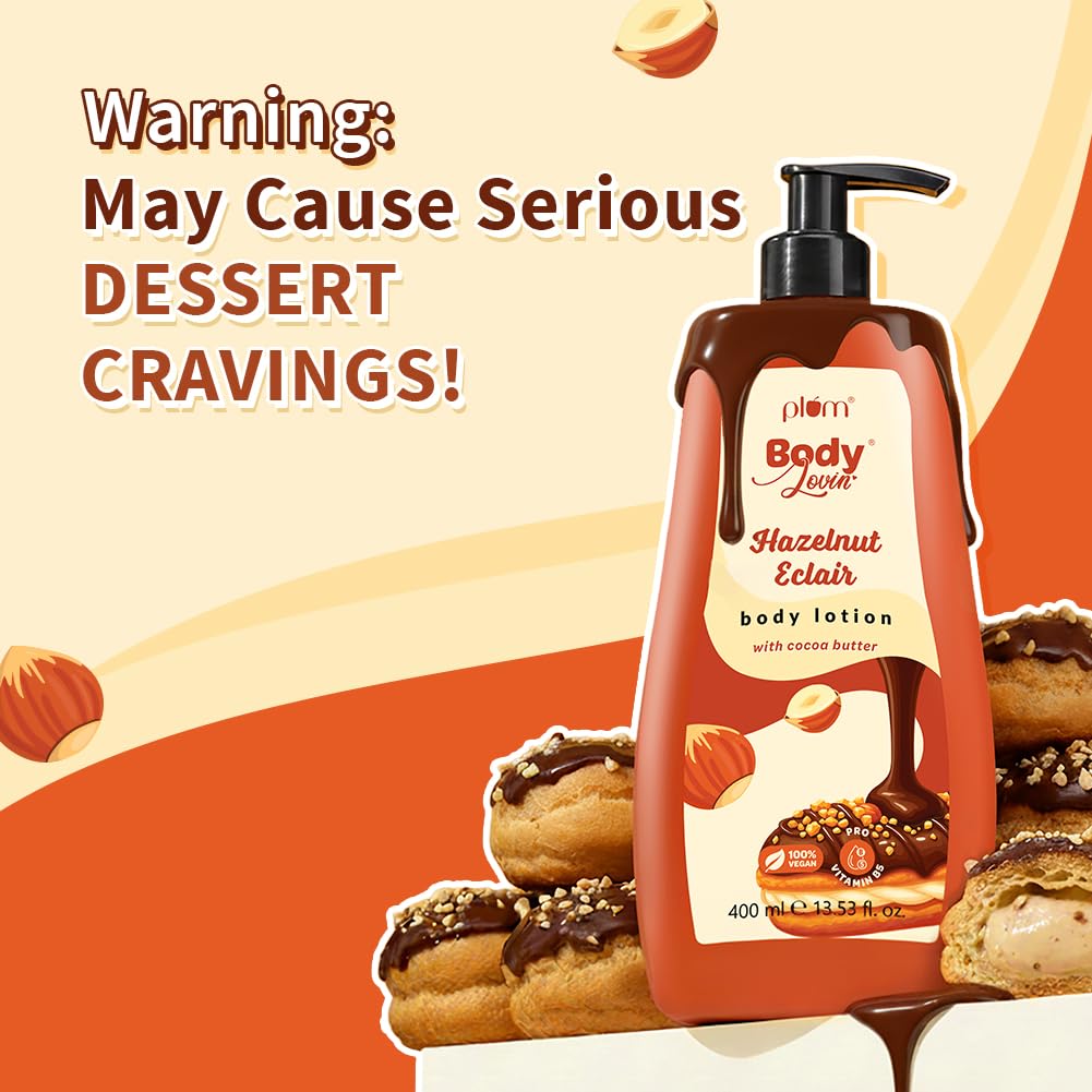 Plum BodyLovin' Hazelnut Eclair Body Lotion | Cocoa Butter & Vitamin B5 for Deep Moisturization | Hazelnut & Vanilla Notes | Non-Greasy & Lightweight | Soft, Smooth & Glazed Skin | For Dry To Very Dry Skin | Toasted Nutty Choco-Vanilla Fragrance | 400ml