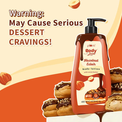 Plum BodyLovin' Hazelnut Eclair Body Lotion | Cocoa Butter & Vitamin B5 for Deep Moisturization | Hazelnut & Vanilla Notes | Non-Greasy & Lightweight | Soft, Smooth & Glazed Skin | For Dry To Very Dry Skin | Toasted Nutty Choco-Vanilla Fragrance | 400ml