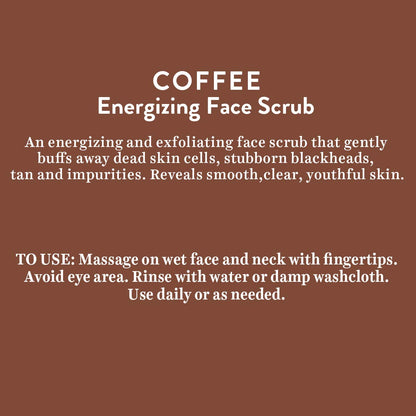 Instructions for a coffee energizing face scrub on a brown background
