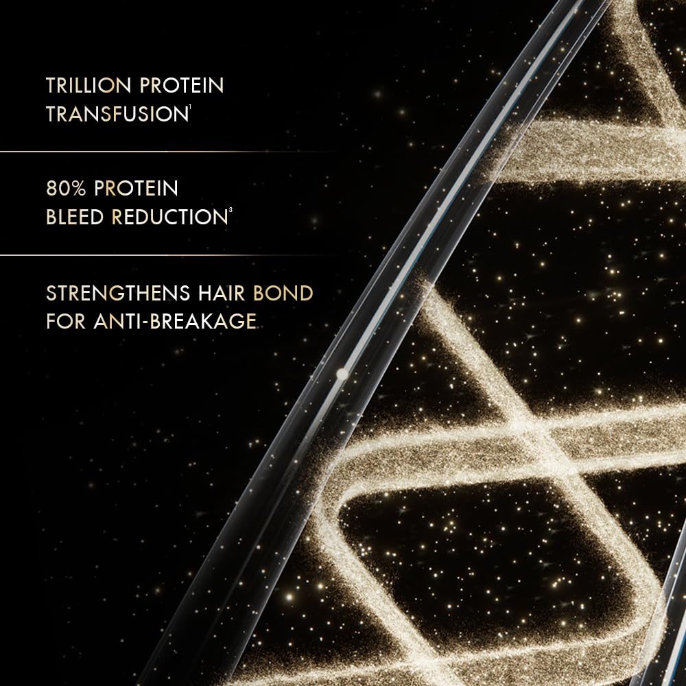 Hair treatment product with protein strands and text on a black background