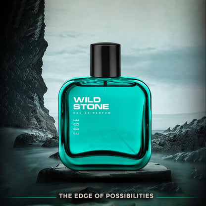 Wild Stone Eau de Parfum bottle with a mountainous background