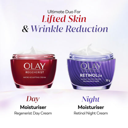 Two Olay moisturizer jars, one red and one purple, on a light purple background with text about lifted skin and wrinkle reduction.
