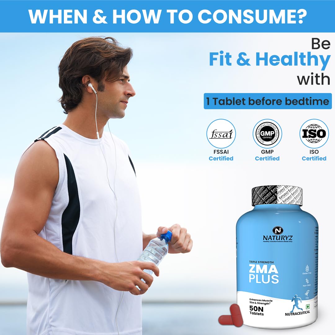 Man exercising outdoors with a supplement bottle labeled 'Naturyz ZMA Plus' and text about consumption and certification.