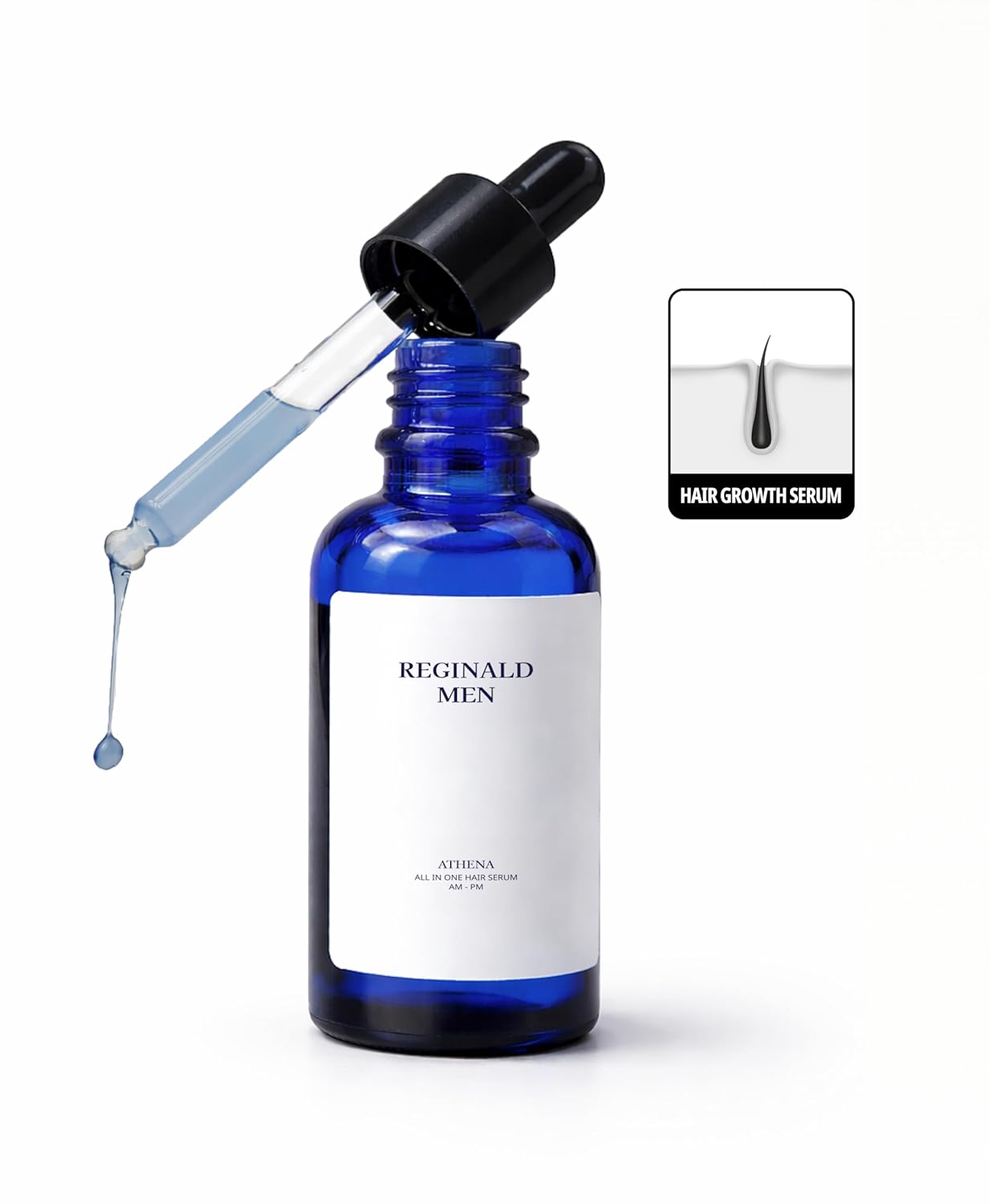 Blue serum bottle with dropper labeled 'Reginald Men' on a white background