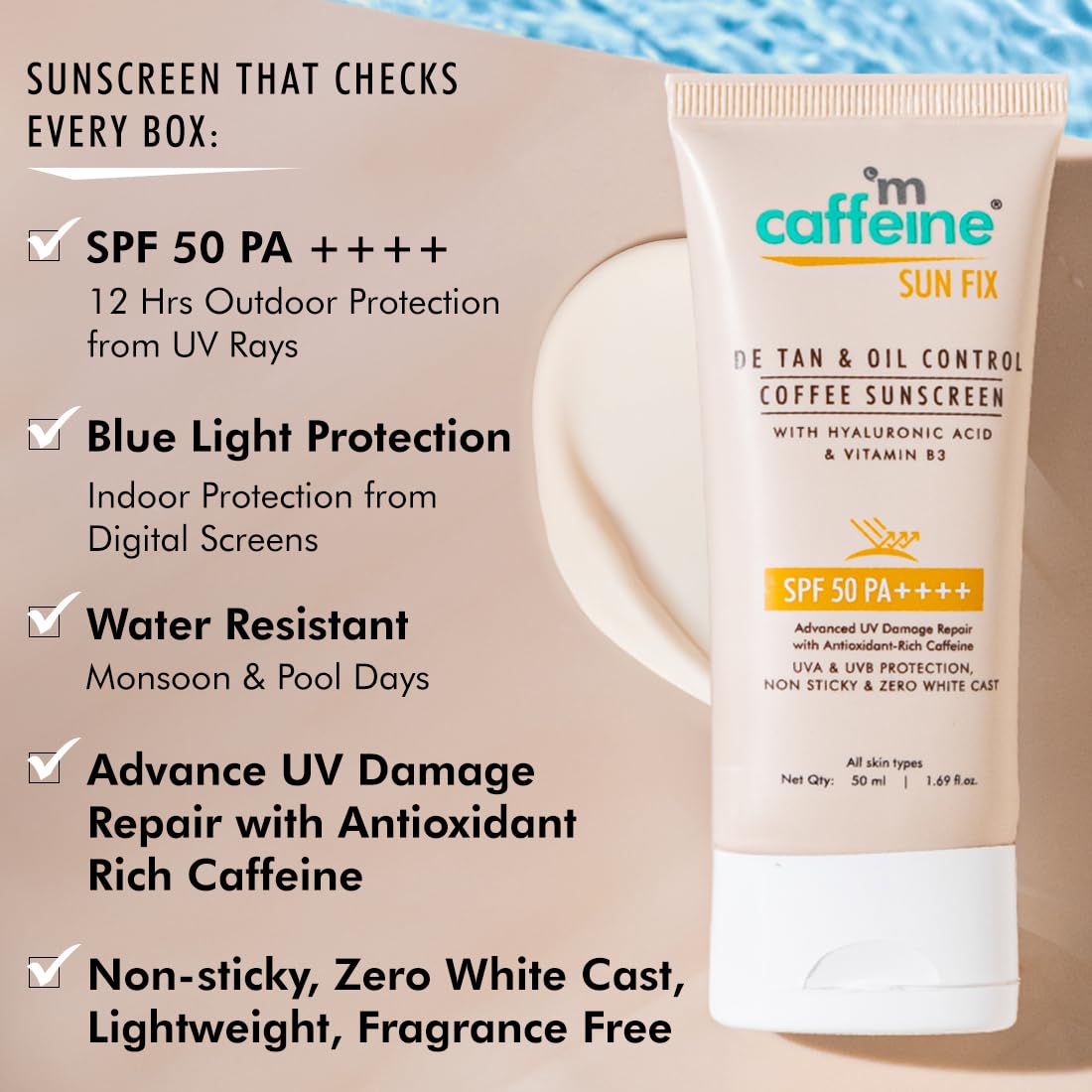 Tube of caffeine sunscreen with product features listed on a beige background