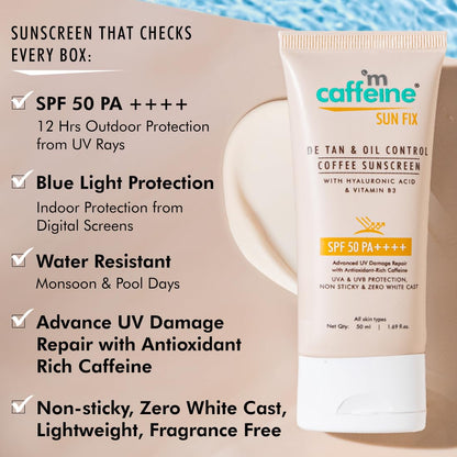 Tube of caffeine sunscreen with product features listed on a beige background