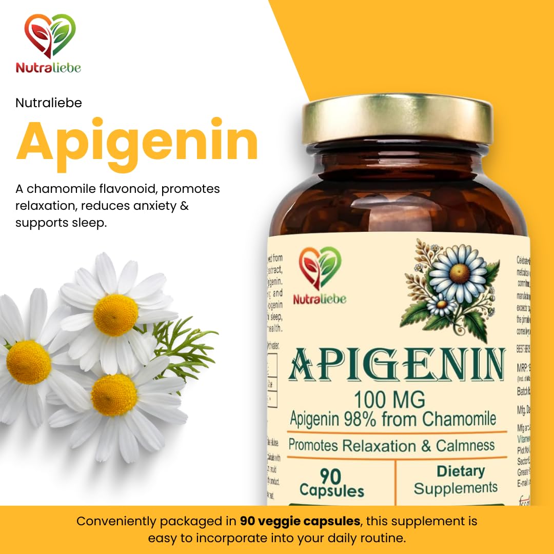 Nutraliebe Apigenin 100 mg – Chamomile Extract Supplement – Natural Sleep & Anxiety Support – Non-GMO, Vegan – 90 Veg Capsules