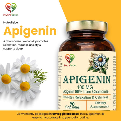 Nutraliebe Apigenin 100 mg – Chamomile Extract Supplement – Natural Sleep & Anxiety Support – Non-GMO, Vegan – 90 Veg Capsules