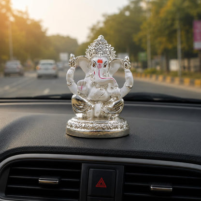 Gold Art India Ceramic 7X4X4 Cm, Silver And White Ganesh Idol For Car Dashboard Small Ganesha Murti Ganpati Idol For Home Decor Puja Lord Ganesh Statue Gift For Office Desk Puja Room Figurine