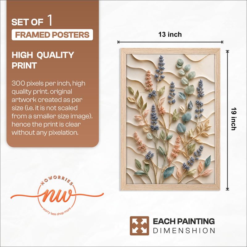 Floral Botanical Wall Painting with Frame | Premium Textured Flower & Leaf Artwork, Pastel Nature Wall Decor Framed for Living Room Bedroom Office and Home Decoration (Art-1,13x19inch)