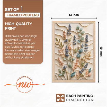 Floral Botanical Wall Painting with Frame | Premium Textured Flower & Leaf Artwork, Pastel Nature Wall Decor Framed for Living Room Bedroom Office and Home Decoration (Art-1,13x19inch)
