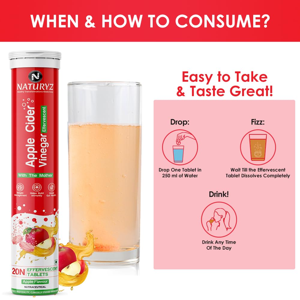 Naturyz Apple Cider Vinegar supplement with a glass of liquid and consumption instructions on a red background.