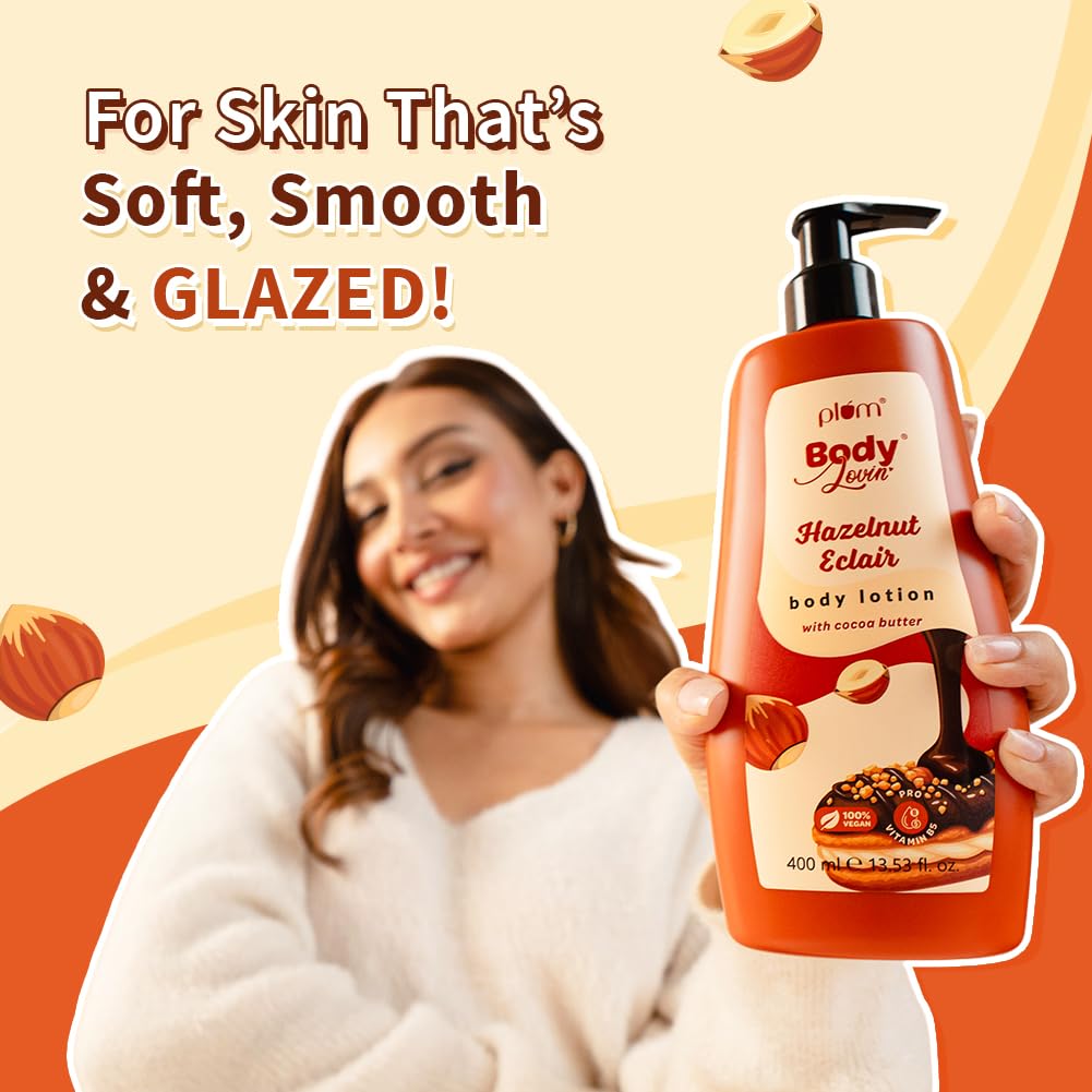Plum BodyLovin' Hazelnut Eclair Body Lotion | Cocoa Butter & Vitamin B5 for Deep Moisturization | Hazelnut & Vanilla Notes | Non-Greasy & Lightweight | Soft, Smooth & Glazed Skin | For Dry To Very Dry Skin | Toasted Nutty Choco-Vanilla Fragrance | 400ml