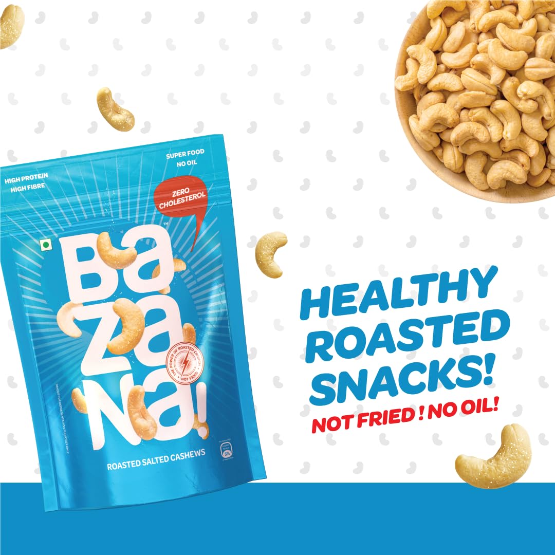 Bazana Premium Roasted Salted Cashews/Kaju, 170g | Perfectly Roasted Savory Nuts | Crunchy, Protein-Rich Healthy Snacks