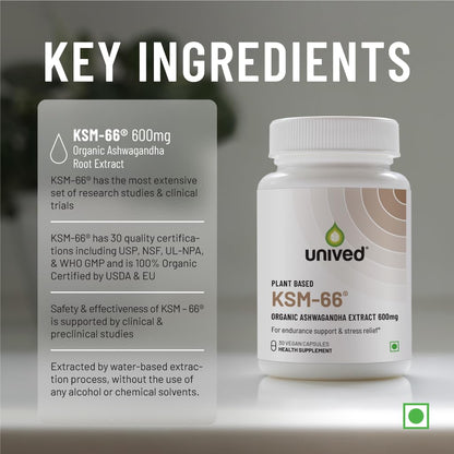 Zephivo Unived KSM-66 Ashwagandha | 600mg Vegan Full Spectrum Root Extract Standardized to 5% Withanolides | for Stress, Anxiety, Endurance, & Strength (30 Vegan Caps)
