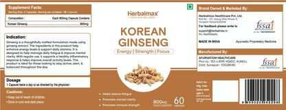 Herbalmax Korean Ginseng supplement label with text and imagery.