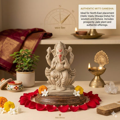 SAUDEEP INDIA 6 Inch Mitti Ganesh Idol | Eco-Friendly Handcrafted Mud/Clay Ganesh Murti | Ganpati Figurine for Visarjan | Biodegradable Lotus Ganesha Statue | Ganesh Chaturthi (Lotus Design)