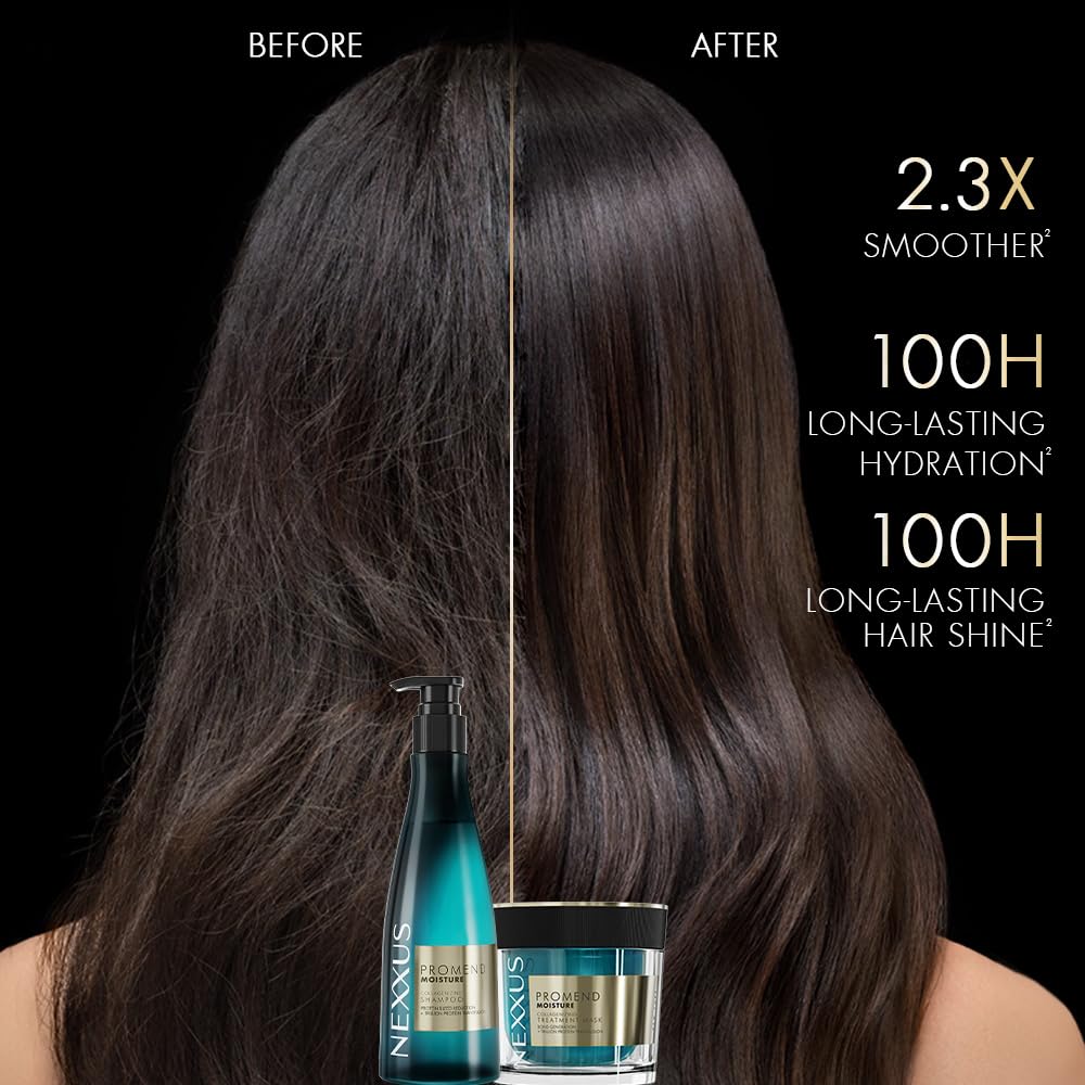Before and after comparison of hair with Nexxus product, showing smooth and shiny hair.