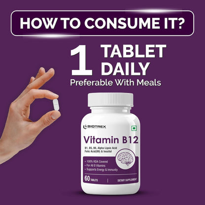 Biotrex Nutraceuticals Vitamin B12 With B1, B5, B6, B9(Folic Acid), Alpha Lipoic Acid ALA & Inositol Supplements | Energy Management | Antioxidant | 60 Tablets