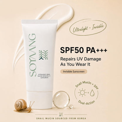 Soyaang Ultralight Snail Mucin SPF50 PA+++ Sunscreen with Ceramides, Zinc Oxide & Green Tea | Repairs While Protecting | Lightweight, No White Cast Sunscreen for All Skin Types | 50g