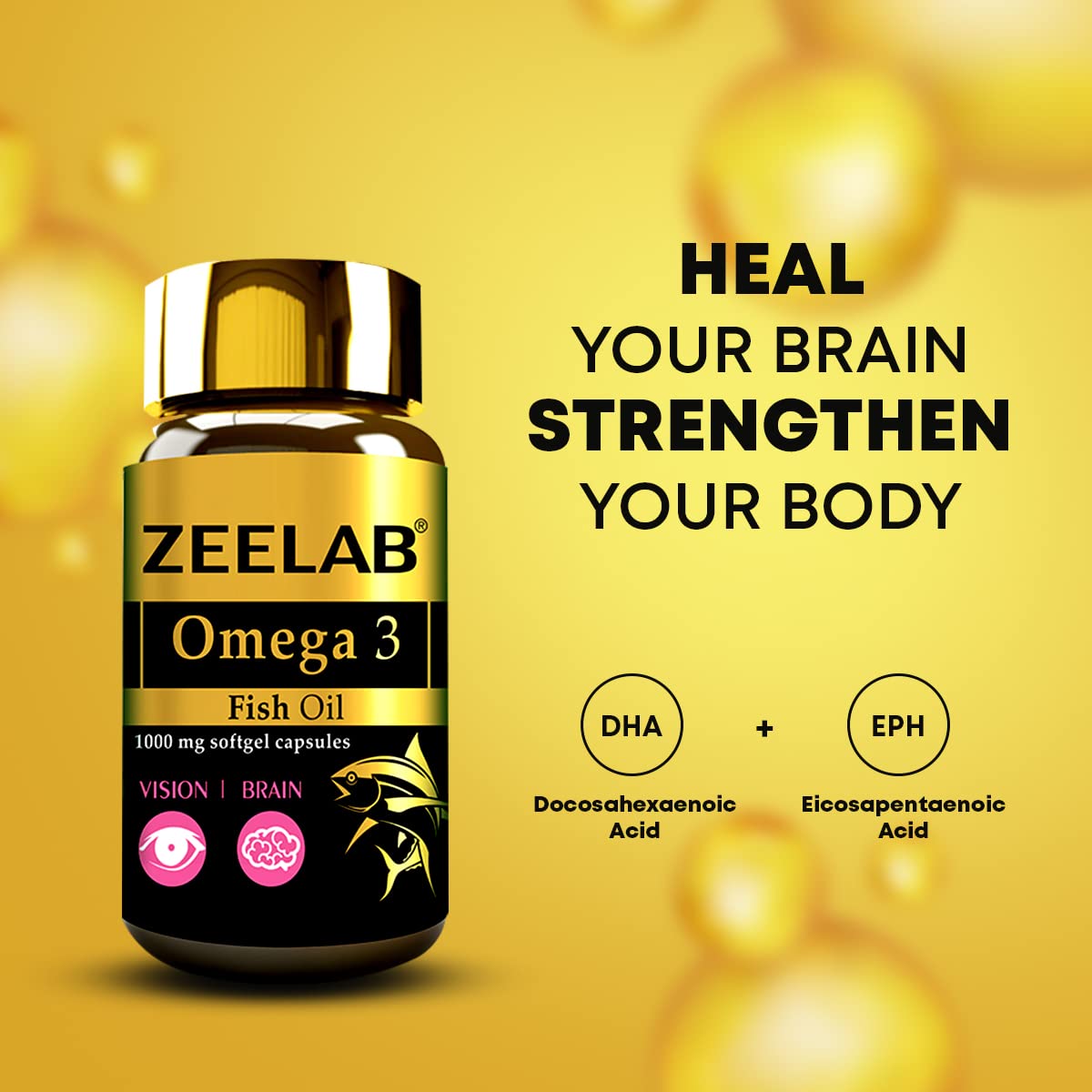 Zeelab Omega 3 Fish Oil bottle on a yellow background with text about health benefits.