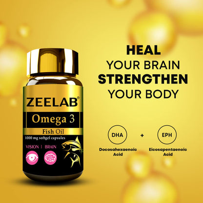 Zeelab Omega 3 Fish Oil bottle on a yellow background with text about health benefits.