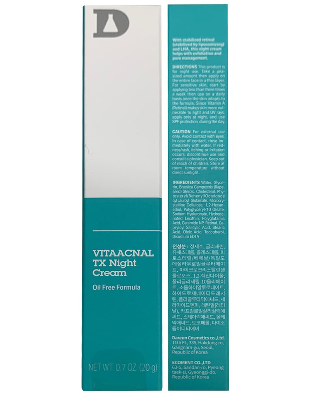 Dr.Different Vitaacnal Tx Night Cream For Face - Soothing & Nourishing Retinal Sebum Control Night Cream For Acne-Prone Skin - Blackheads Care Oil-Free Treatment Removes Dead Skin Cells 0.7Oz.