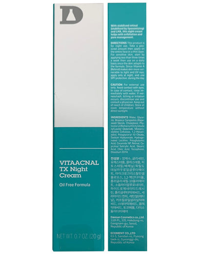 Dr.Different Vitaacnal Tx Night Cream For Face - Soothing & Nourishing Retinal Sebum Control Night Cream For Acne-Prone Skin - Blackheads Care Oil-Free Treatment Removes Dead Skin Cells 0.7Oz.