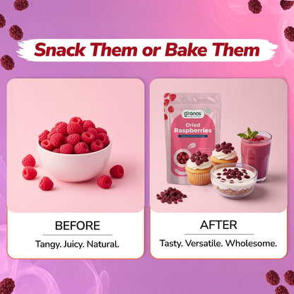 Granos Premium Dried Raspberries 150g, Dried Fruit, Healthy & Tasty, Gluten Free, Vegan, Rich in Fibre & Antioxidant, No Preservative, Support Digestion, Sourced from USA (Pack of 1)