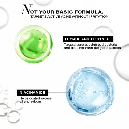 Diagram of green and blue droplets with text about active acne treatment ingredients on a white background.