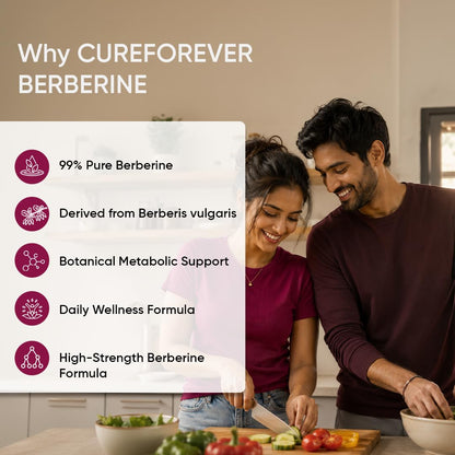 CUREFOREVER 99% Pure Berberine Capsule 1000mg (60 Veg Capsules) - Berberine Supplement Supports Cholestrol, Glucose & Metabolism | 30 Days Serving - High Strength, Berberis Vulgaris - 60 Count