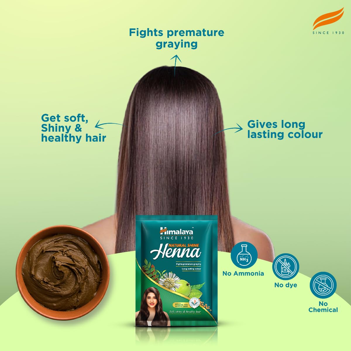 Himalaya Henna product with benefits listed on a green background