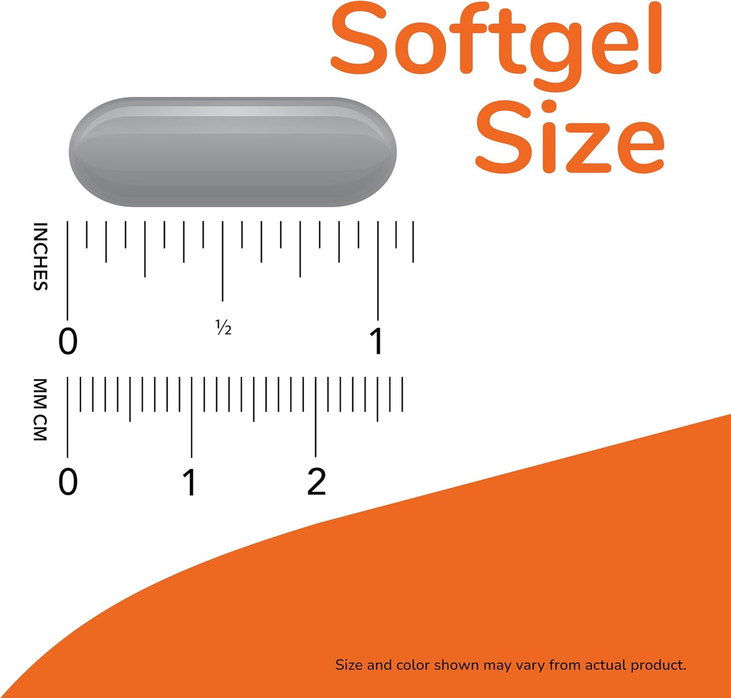 Measurement chart showing a softgel size with a ruler and text indicating 'Softgel Size'.