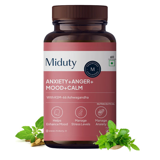 Zephivo Miduty by Palak Notes Anxiety Anger Mood Calm Supplement For Happy Mood, Anti Depressant - KSM - 66 Ashwagandha Root - 5 HTP - L Tryptophan - 60 Capsules