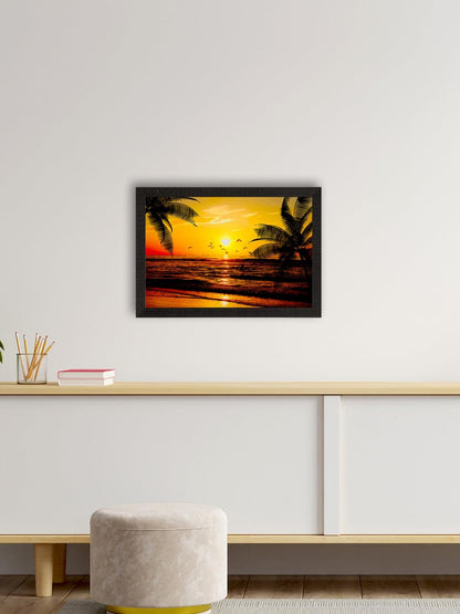 Flying Birds During Sunrise Beach View Painting Digital Printed Wall Art - Coastal Home Decor For Living Room, Bedroom, Office - Gift For Nature Enthusiasts, Family, Friends, Birthday