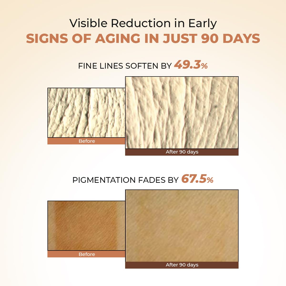 Before and after effects of a skincare product on skin texture and pigmentation.