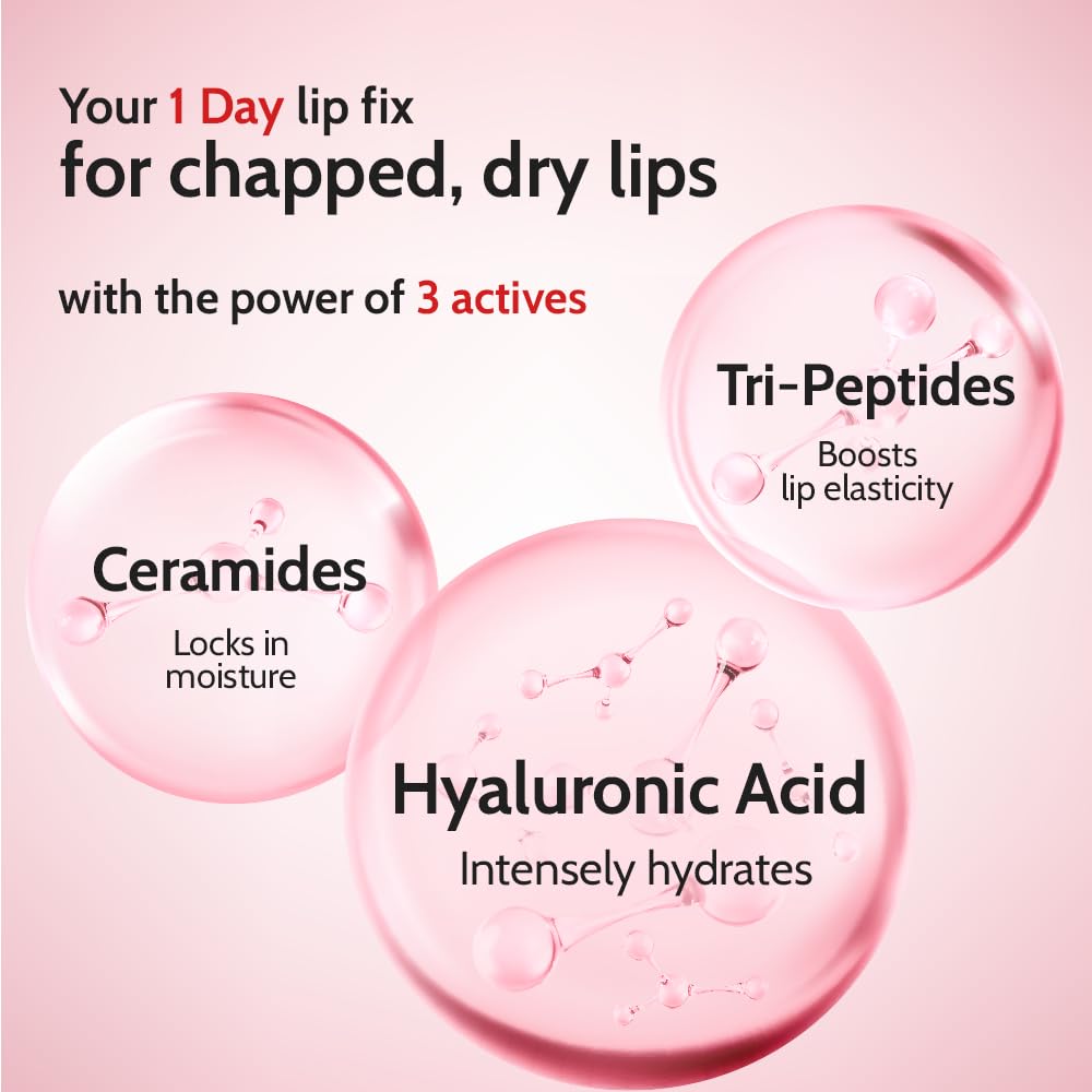 Lip care product advertisement with three active ingredients on a pink background