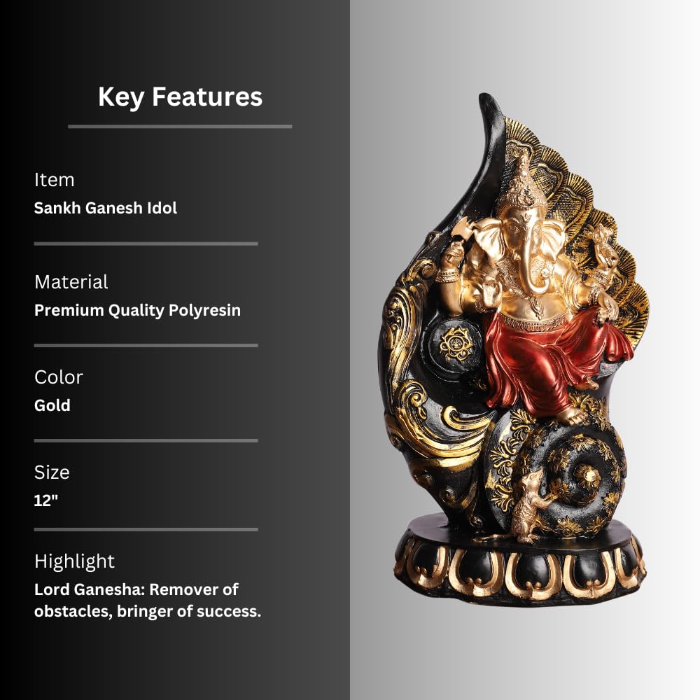 Ganpati Idol Statue | Polyresin Seated on Shankh Design with Red Robe | Showpiece for Mandir, Table, Home Decoration