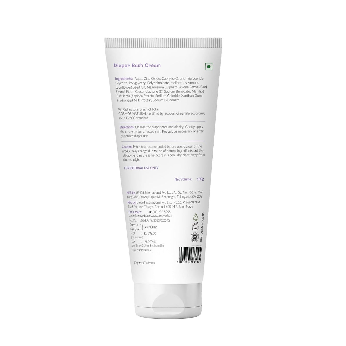 AreoVeda Diaper Rash Cream (100 gm), Suitable for newborns & babies, 15% Zinc Oxide, Prevents & Soothes Rashes from Day 1, Relieves Itchiness & Discomfort