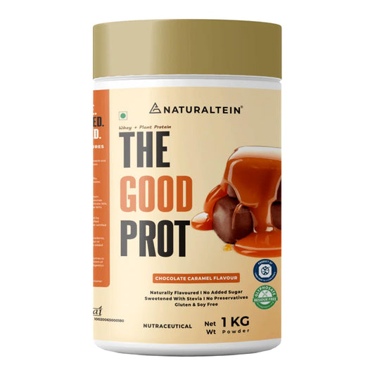 Container of Naturaltein The Good Prot protein powder with a chocolate caramel flavor on a white background