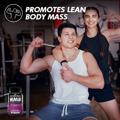 Two people in a gym setting with a supplement bottle labeled HMB, promoting lean body mass.