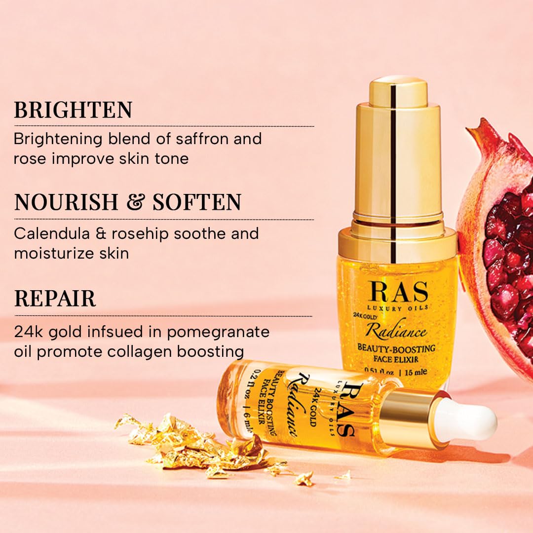 RAS luxury oils with pomegranate and saffron on a pink background