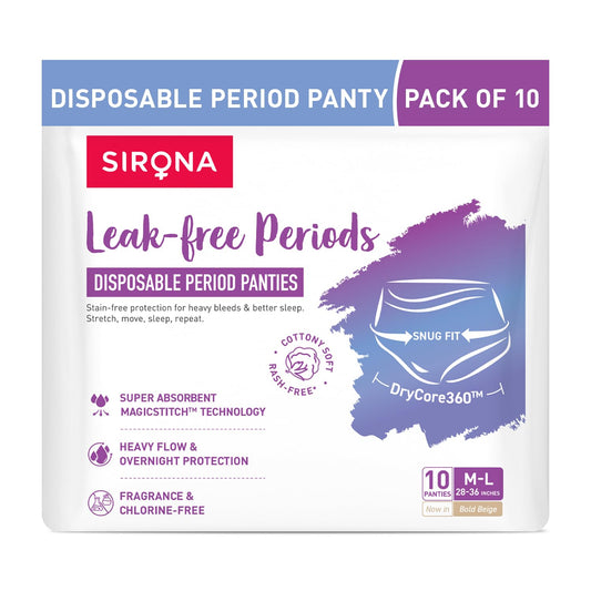 Sirona disposable period panties packaging with product details on a white background