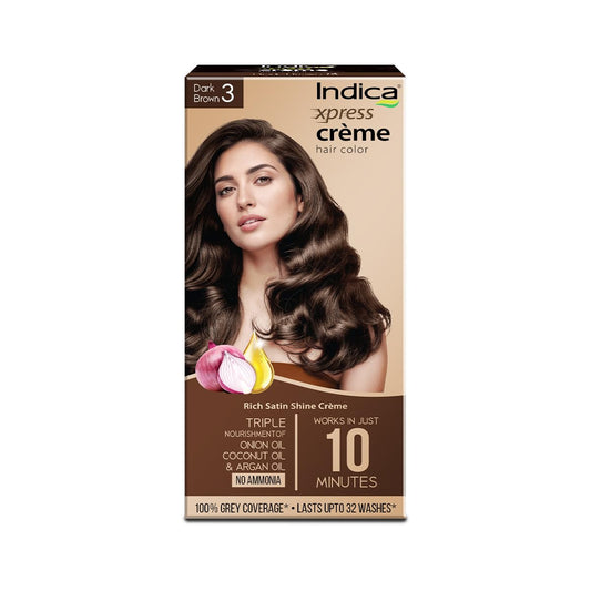 Indica Xpress Crème Hair Color Dark Brown 3 | 60g+75ml | 10min Color | No Ammonia | Onion, Coconut & Argan Oil | 100% Grey Coverage | Lasts Up to 32 Washes